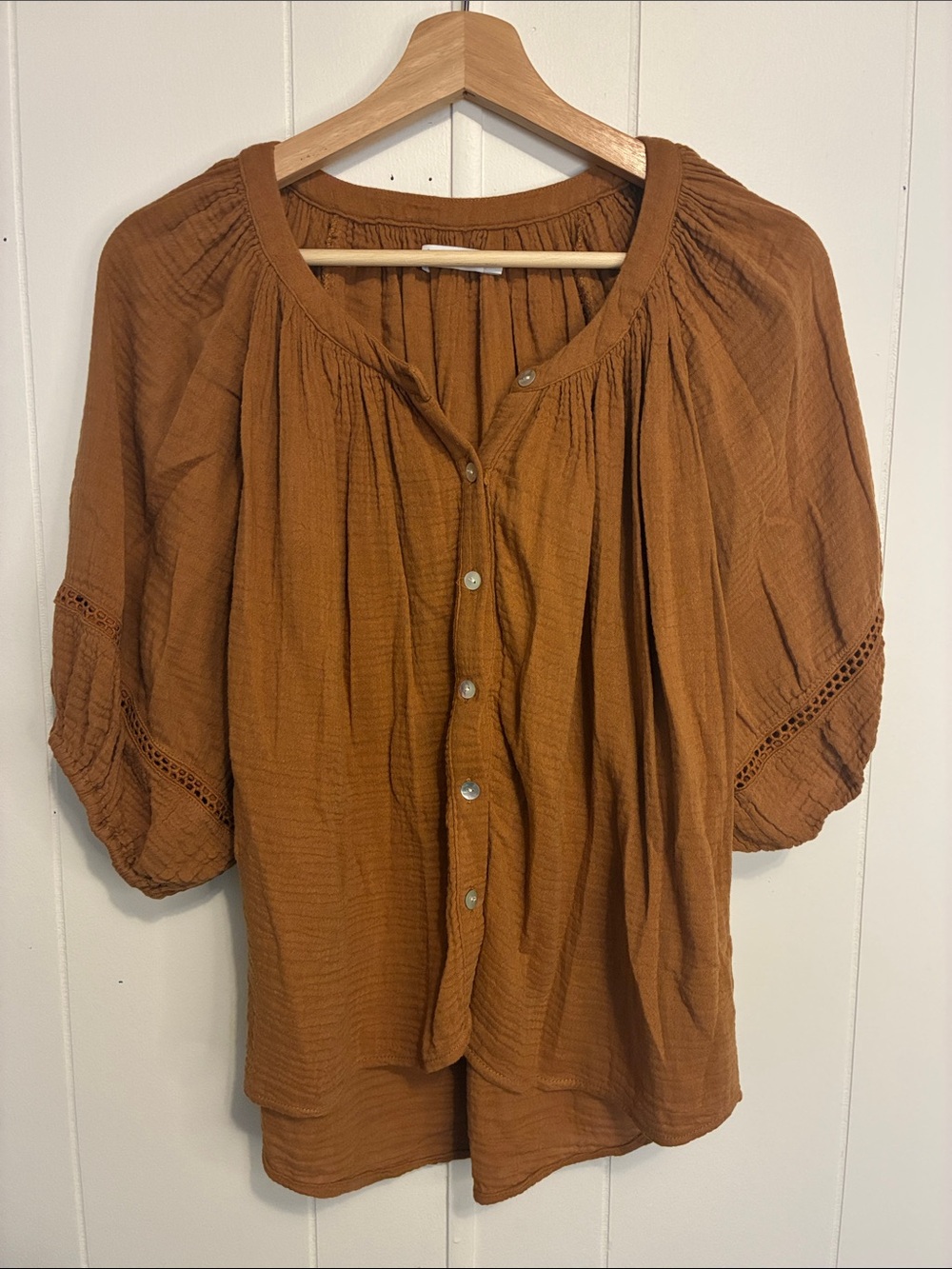 Red Haute Button-Front Gauze Peasant Blouse - Rust Brown